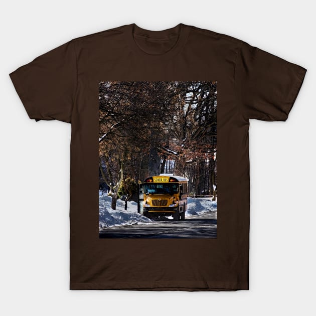 Parked School Bus in Winter T-Shirt by SusanSavad